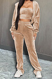 Khaki Preppy Women's Velvet Strapless+Cardigan Coat Trousers Plain Color Three Piece DR88137-2