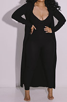 Black Wholesale Women's Ribber Jumpsuits+Cardigan Coat Plain Color Suits SY8832-3