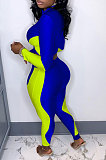 Blue Women Sexy Trendy Dew Waist Color Matching Sport Bodycon Pants Sets ED1088-3