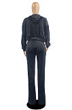 Grey Preppy Women's Velvet Strapless+Cardigan Coat Trousers Plain Color Three Piece DR88137-1