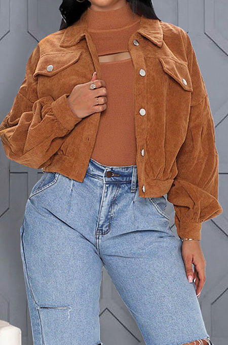 Dark Blue Women Corduroy Cardigan Lantern Sleeve Fashion Coat GL6522-2