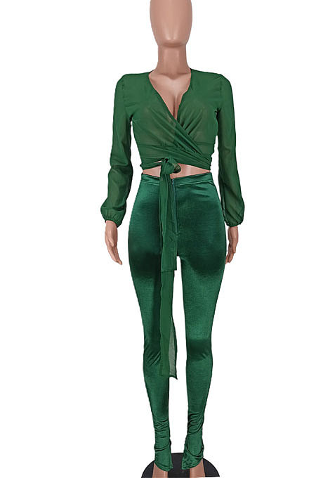 Red Women Chiffon Top Pure Color Pants Sets ED1084-1