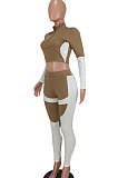 Yellow Women Sexy Trendy Dew Waist Color Matching Sport Bodycon Pants Sets ED1088-1