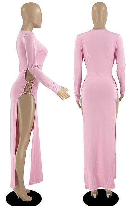 Light Purple Women's Milk Fiber Long Sleeve Round Neck Slim Fitting High Slit Dress DR88129-1