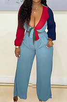 Lake Blue Sexy Matching Color Low-Cut Bandage Tops Wide Leg Pants With Pocket Suit MN8384-1