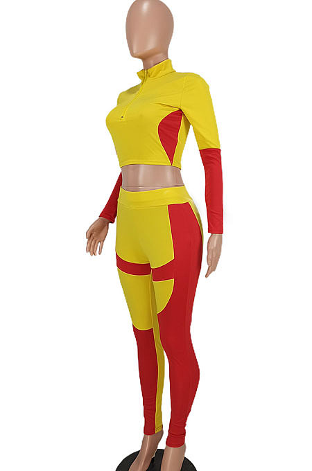 Yellow Women Sexy Trendy Dew Waist Color Matching Sport Bodycon Pants Sets ED1088-1