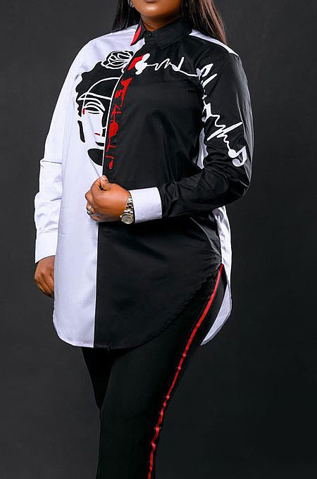 Black Prevail Design Printed Long Sleeve Lapel Neck Shirts ORY5211-1