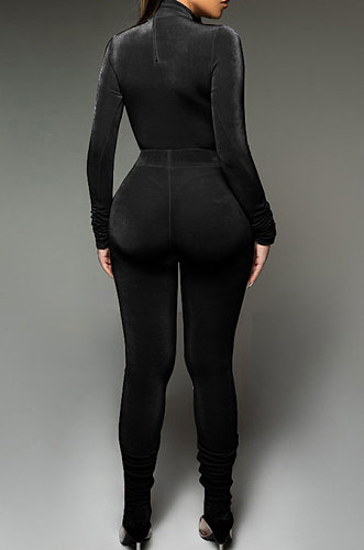 Black Wholesale Velvet Long Sleeve High Neck Tops Skinny Pants Slim Fitting Suit DR88131-4