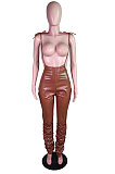 Blue Modest Women's Leather High Waist Suspenders Pants N9307-2