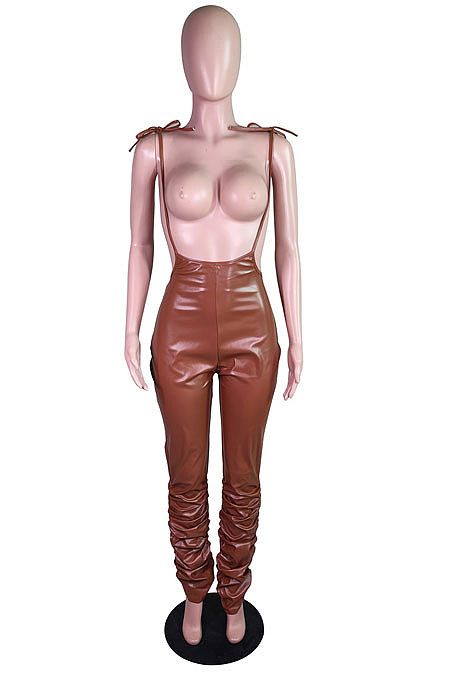 Brown Modest Women's Leather High Waist Suspenders Pants N9307-3