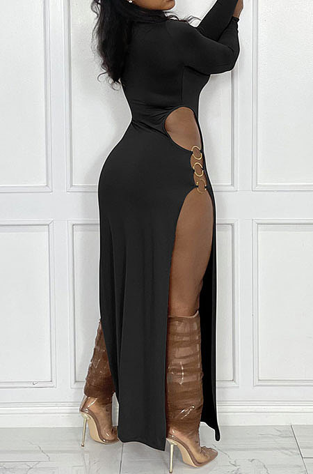 Light Purple Women's Milk Fiber Long Sleeve Round Neck Slim Fitting High Slit Dress DR88129-1
