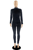 Green Wholesale Velvet Long Sleeve High Neck Tops Skinny Pants Slim Fitting Suit DR88131-3