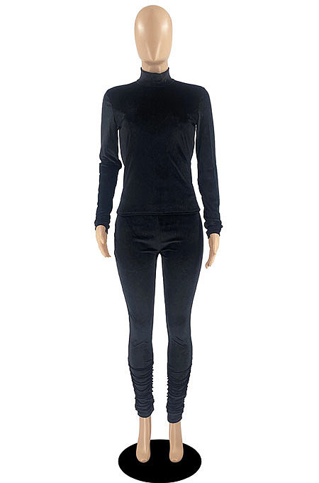 Blue Wholesale Velvet Long Sleeve High Neck Tops Skinny Pants Slim Fitting Suit DR88131-5
