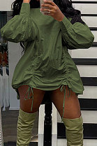 Army Green Design Newest Long Skeeve High Neck Loose Drawstring Dress DR88136-1