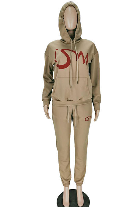 Khaki Casual Sports Letter Printed Long Sleeve Hoodie Jumper Jogger Pants Suit MN8386-1