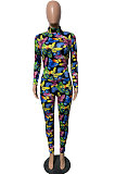 Multicolor Butterfly Printed Long Sleeve High Neck Tops Pencil Pants Slim Fitting Suit JH283 