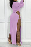 Black Women's Milk Fiber Long Sleeve Round Neck Slim Fitting High Slit Dress DR88129-3