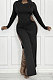 Black Women's Milk Fiber Long Sleeve Round Neck Slim Fitting High Slit Dress DR88129-3