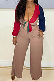 Lake Blue Sexy Matching Color Low-Cut Bandage Tops Wide Leg Pants With Pocket Suit MN8384-1