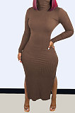 Black Modest New Ribber Long Sleeve High Neck Slim Fitting Slit Dress TC096-2