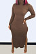 Brown Modest New Ribber Long Sleeve High Neck Slim Fitting Slit Dress TC096-3