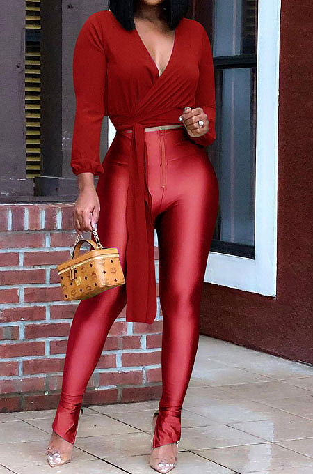 Red Women Chiffon Top Pure Color Pants Sets ED1084-1