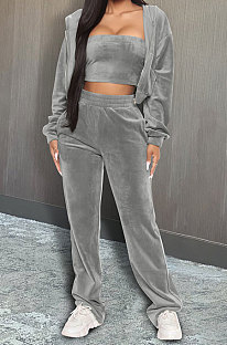 Grey Preppy Women's Velvet Strapless+Cardigan Coat Trousers Plain Color Three Piece DR88137-1