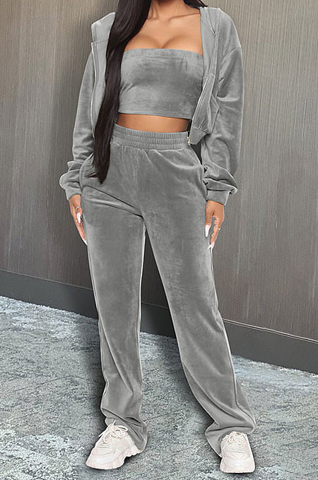 Grey Preppy Women's Velvet Strapless+Cardigan Coat Trousers Plain Color Three Piece DR88137-1