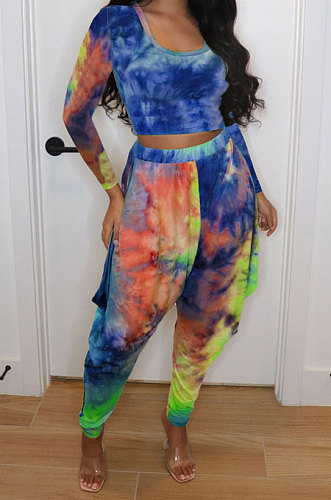 Green Euramerican Women's Tie Dye Printed Long Sleeve Trousers Casual Suit JH278-2