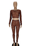 Coffee Night Club Letter Printed Long Sleeve Crop Tops Skinny Pants Mesh Fashion Suit MN8383-4