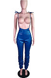 Black Modest Women's Leather High Waist Suspenders Pants N9307-1