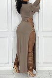 Light Purple Women's Milk Fiber Long Sleeve Round Neck Slim Fitting High Slit Dress DR88129-1