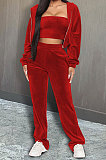 Grey Preppy Women's Velvet Strapless+Cardigan Coat Trousers Plain Color Three Piece DR88137-1