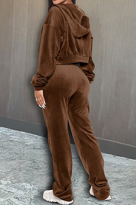 Red Preppy Women's Velvet Strapless+Cardigan Coat Trousers Plain Color Three Piece DR88137-3