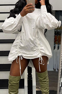 White Newest Women's Puff Sleeve Loose Drawsting Mini Dress ORY5213-1