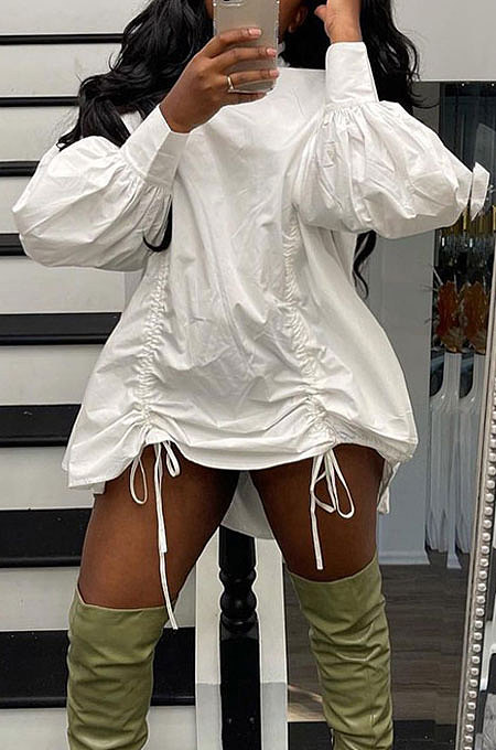 White Newest Women's Puff Sleeve Loose Drawsting Mini Dress ORY5213-1