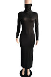 Dark Blue Modest New Ribber Long Sleeve High Neck Slim Fitting Slit Dress TC096-1