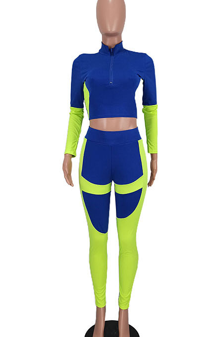 Yellow Women Sexy Trendy Dew Waist Color Matching Sport Bodycon Pants Sets ED1088-1