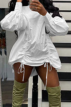 White Design Newest Long Skeeve High Neck Loose Drawstring Dress DR88136-4