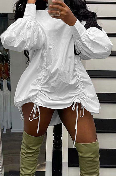 White Design Newest Long Skeeve High Neck Loose Drawstring Dress DR88136-4