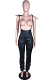 Blue Modest Women's Leather High Waist Suspenders Pants N9307-2