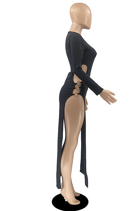 Pink Women's Milk Fiber Long Sleeve Round Neck Slim Fitting High Slit Dress DR88129-4