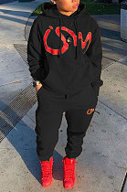 Black Casual Sports Letter Printed Long Sleeve Hoodie Jumper Jogger Pants Suit MN8386-3