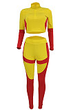 Yellow Women Sexy Trendy Dew Waist Color Matching Sport Bodycon Pants Sets ED1088-1