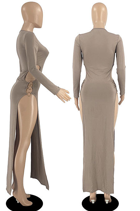 Pink Women's Milk Fiber Long Sleeve Round Neck Slim Fitting High Slit Dress DR88129-4