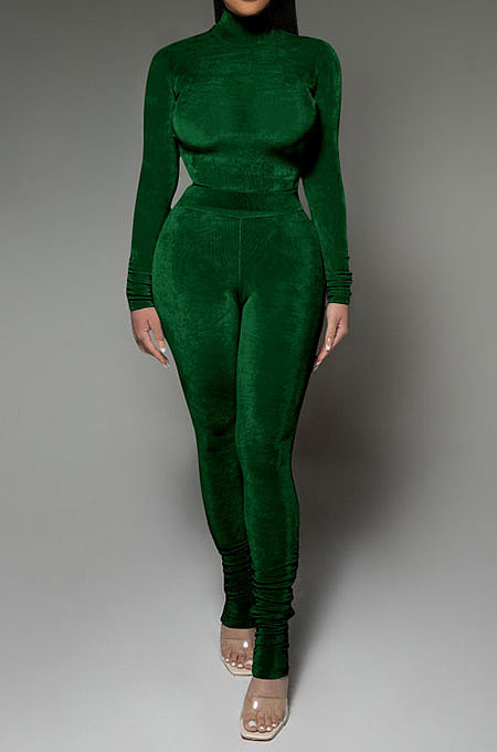 Green Wholesale Velvet Long Sleeve High Neck Tops Skinny Pants Slim Fitting Suit DR88131-3