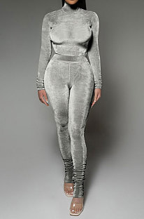 Grey Wholesale Velvet Long Sleeve High Neck Tops Skinny Pants Slim Fitting Suit DR88131-2