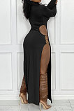 Black Women's Milk Fiber Long Sleeve Round Neck Slim Fitting High Slit Dress DR88129-3