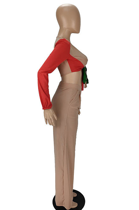 Lake Blue Sexy Matching Color Low-Cut Bandage Tops Wide Leg Pants With Pocket Suit MN8384-1