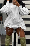 Army Green Design Newest Long Skeeve High Neck Loose Drawstring Dress DR88136-1